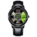 Men's quartz watch featuring a racing wheel hub dial with a neon green brake caliper - Leather Green