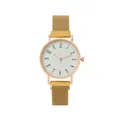 Macro detail of rose gold case with white ripple textured dial and mesh band - Gold
