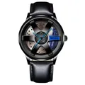 Fashionable men's quartz watch featuring a black racing car wheel hub design and blue calipers - Leather Blue