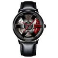 Detail of man's watch featuring a black leather strap and car wheel rim dial design - Leather Red