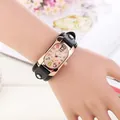 Detail of rectangular rose gold watch with black leather strap and colorful numbers - Black