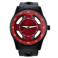 Detail of a sporty quartz watch with matte black case and red skeleton dial design - Black Strap Red Dial