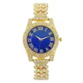 Luxury gold women quartz watch with blue dial, roman numerals and crystal setting - Gold Case Blue