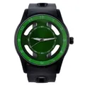 Macro view of matte black watch with green hollow dial and white Arabic numerals - Black Strap Green Dial