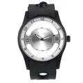 Macro shot of minimalist black sports watch featuring a silver sunray dial and cutout rubber strap - Black Strap White Dial