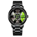 Detalle de reloj para hombre con esfera de llanta negra y pinza de freno verde brillante - Correa de Acero Inoxidable / Verde