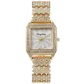 Orologio al quarzo quadrato dorato da donna con lunetta e cinturino in cristalli brillanti - Quadrante Numeri Arabi Oro Bianco