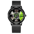 Reloj de hombre con esfera de diseño de llanta negra y detalle de pinza de freno verde - Correa de reloj de malla metálica / Verde