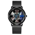Reloj de moda para hombre con esfera de llanta de coche y correa de malla negra - Correa de reloj de malla metálica / Azul