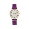 Women's quartz watch with purple mesh steel strap and rose gold round case on white background - Purple