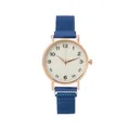 Macro detail of white dial quartz watch with rose gold case and blue mesh steel strap - Blue