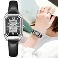 Vintage silver rectangular women's watch with black leather strap and crystal dial - Silver Case Black Dial Black Strap