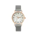 Orologio al quarzo minimalista con cassa oro rosa, quadrante bianco e cinturino in mesh grigio - Grigio