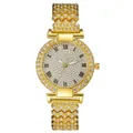 Luxury gold women's watch featuring a full diamond dial and Roman numeral markers - Gold