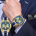 Men's business quartz watch with blue and gold metal strap and large roman numerals - Blue