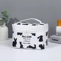 White rabbit print cosmetic bag with double zipper and portable top handle - Large Square Storage Bag (X-137) / Black and White Print