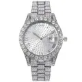 Close-up of a silver iced-out watch with crystal-encrusted dial and Roman numerals - Silver
