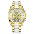 Fashion Geneva quartz watch for men with gold steel band and three-eye dial design - White