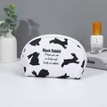 Elegant white semi-circle cosmetic bag with black rabbit print and top zipper closure - Shell Shape Storage Bag (X-194) / Black and White Print