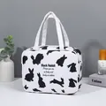 Portable white makeup bag with cute black rabbit pattern and twin handles - Commuter Portable Handbag (X-210) / Black and White Print