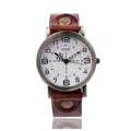 Retro quartz watch with bronze metal case, white Arabic dial and brown leather strap - Tan
