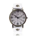 Retro quartz watch with white leather strap, bronze metal case, and Arabic numerals - White