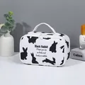 White makeup bag with black rabbit print and elegant dual circular ring zippers - Rectangular Storage Bag (X-197) / Black and White Print