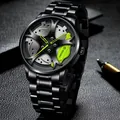 Detail of a car hub watch dial with a green brake caliper and black steel strap - Steel Strap / Green