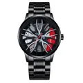 Detailed close-up of car wheel rim watch face with a striking red brake caliper accent - Red