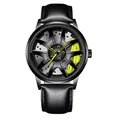 Orologio uomo design cerchione auto con quadrante nero e pinza freno gialla su pelle - Cinturino in Pelle - Pinza Giallo / Pelle Giallo