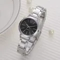 Elegant women's quartz watch with silver steel strap and black dial on white background - Silver Black Dial