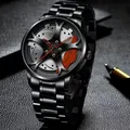 Men's quartz watch featuring a unique black car wheel hub and orange brake caliper design - Steel Strap / Red