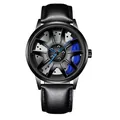 Dettaglio orologio da uomo con quadrante a cerchione 3D, pinze blu e cinturino in pelle - Cinturino in Pelle - Pinza Blu / Pelle Blu