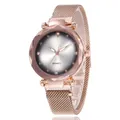 Women's rose gold quartz watch with faceted bezel and silver mesh strap in 45-degree view - Rose Gold White
