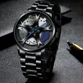 Detail view of quartz watch featuring black 3D car rim dial and blue brake caliper - Steel Strap / Blue