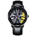 Detail view of racing wheel rim watch face with yellow brake caliper and red second hand - Leather Yellow