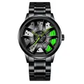 Men's black sport watch with wheel hub dial design and green brake caliper accents - Green Steel Band