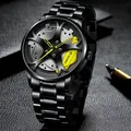 Detail of the black car wheel hub dial with yellow brake calipers on men's watch - Steel Strap / Yellow