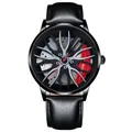 Macro detail of racing wheel hub watch face with red brake caliper and leather strap - Leather Red