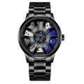 Men's sporty black stainless steel watch featuring a unique racing car wheel rim dial design - Blue Steel Band