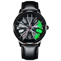 Detailed close-up of the automotive wheel hub dial with a vibrant neon green brake caliper - Leather Green