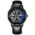 Close-up of sporty quartz watch dial featuring a car rim design with blue brake calipers - Leather Blue
