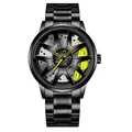 Men's black sport watch featuring a unique racing car wheel hub dial and steel band - Steel Yellow