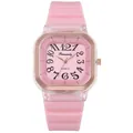 Orologio al quarzo rosa con quadrante quadrato e grandi numeri arabi, cinturino in silicone - Rosa