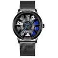 Men's car wheel rim watch with 3D blue brake caliper and black mesh steel strap - Mesh Blue