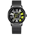 Macro detail of 3D car wheel rim watch dial with yellow caliper and black mesh strap - Mesh Yellow