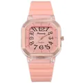 Dettaglio dell'orologio al quarzo quadrato rosa con numeri arabi e cinturino in silicone - Rosa Arancio