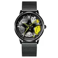 Herren Quarzarmbanduhr mit schwarzem Edelstahl-Mesh-Armband und gelbem Autofelgen-Zifferblatt - Mesh-Band / Gelb