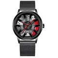Macro shot of 3D racing car wheel rim dial with red brake caliper and metal mesh band - Mesh Red
