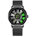 Detail of black men's sport watch with 3D car wheel hub dial and Milanese mesh steel strap - Mesh Green